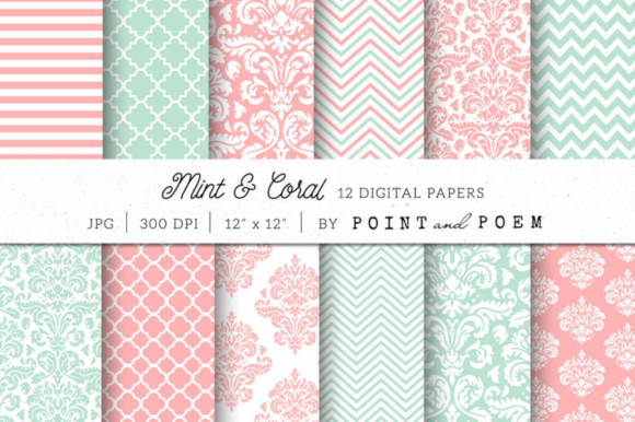 Mint Coral Damask Wedding Digital Paper